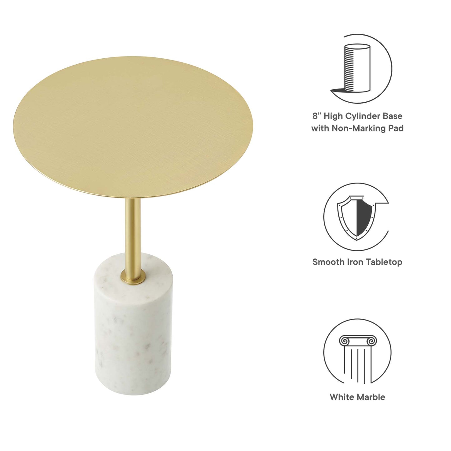 Round brass tabletop atop brass stem with white marble cylinder base; modern end table.