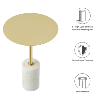 Round brass tabletop atop brass stem with white marble cylinder base; modern end table.