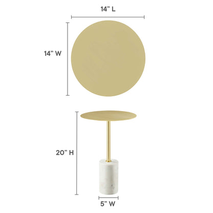 Brown round-top side table on a marble base with a brass stem; 14" diameter, 20" high.