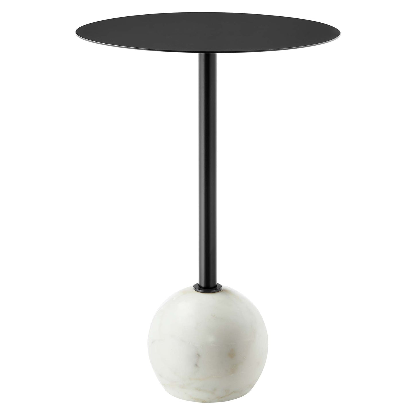 Round white marble-top side table with a black metal stem and a white marble ball base.