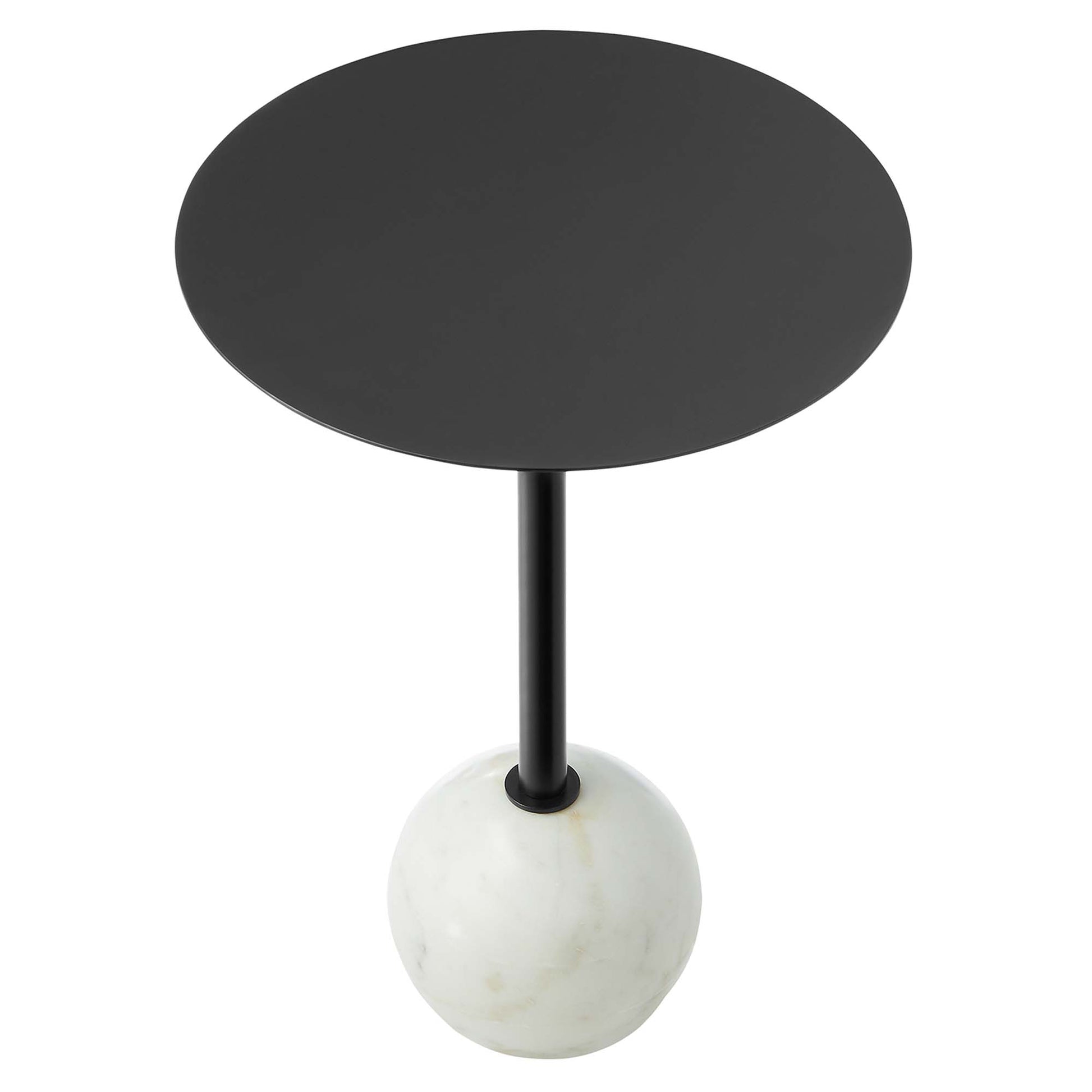 Round white marble top on a black stem with a white marble sphere base, modern minimalist side table.