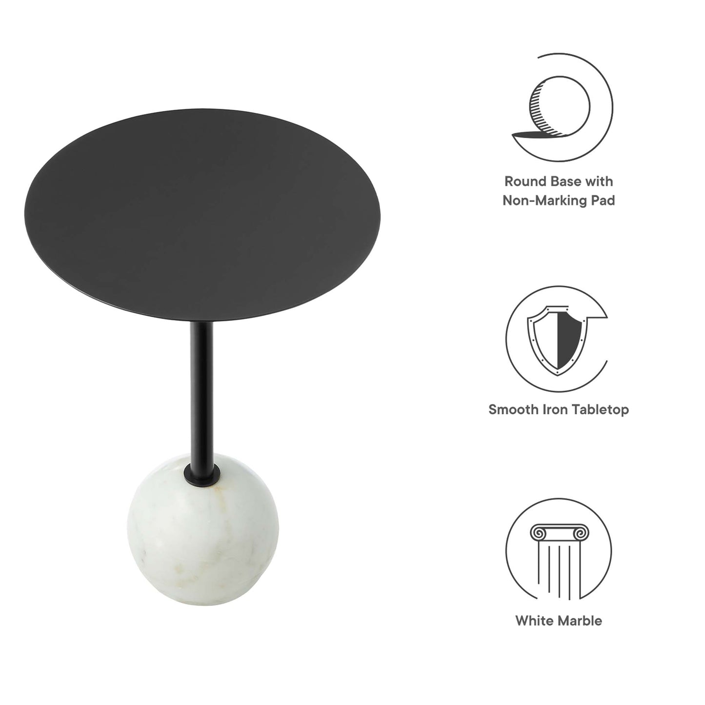 Round black metal tabletop atop a black stem with a white marble ball base.