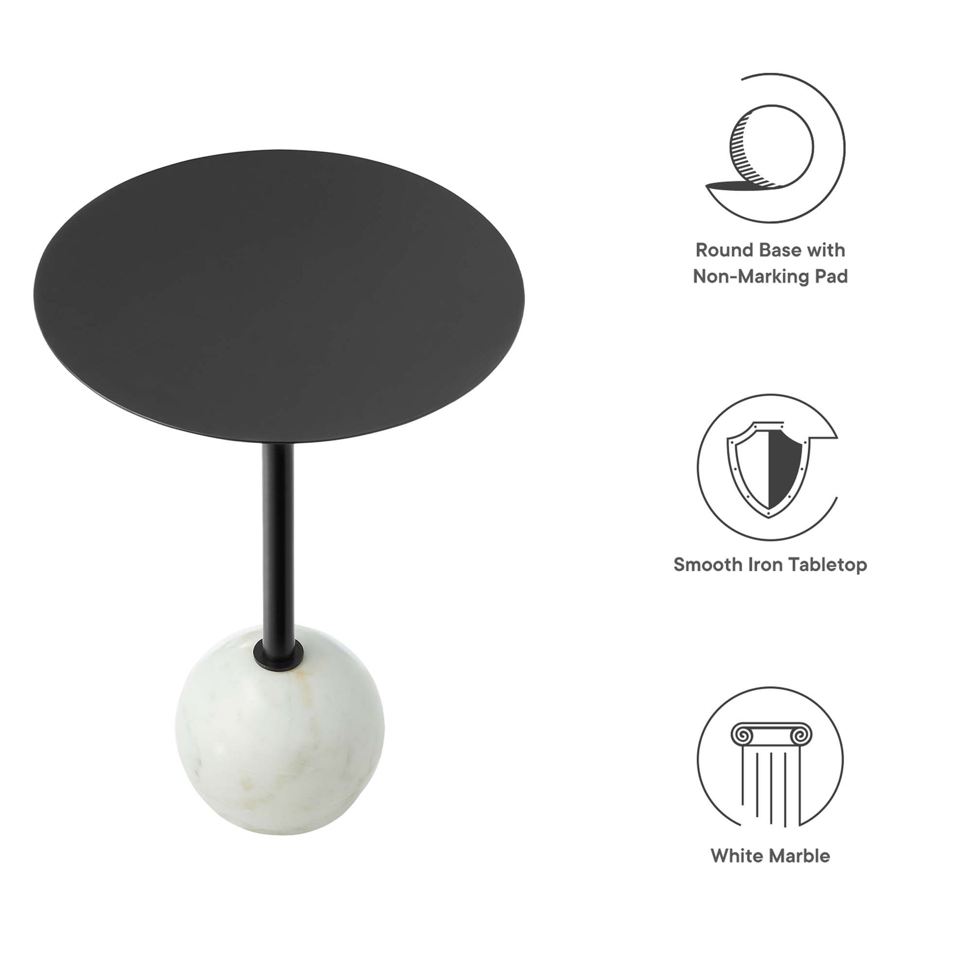 Round black metal tabletop atop a black stem with a white marble ball base.