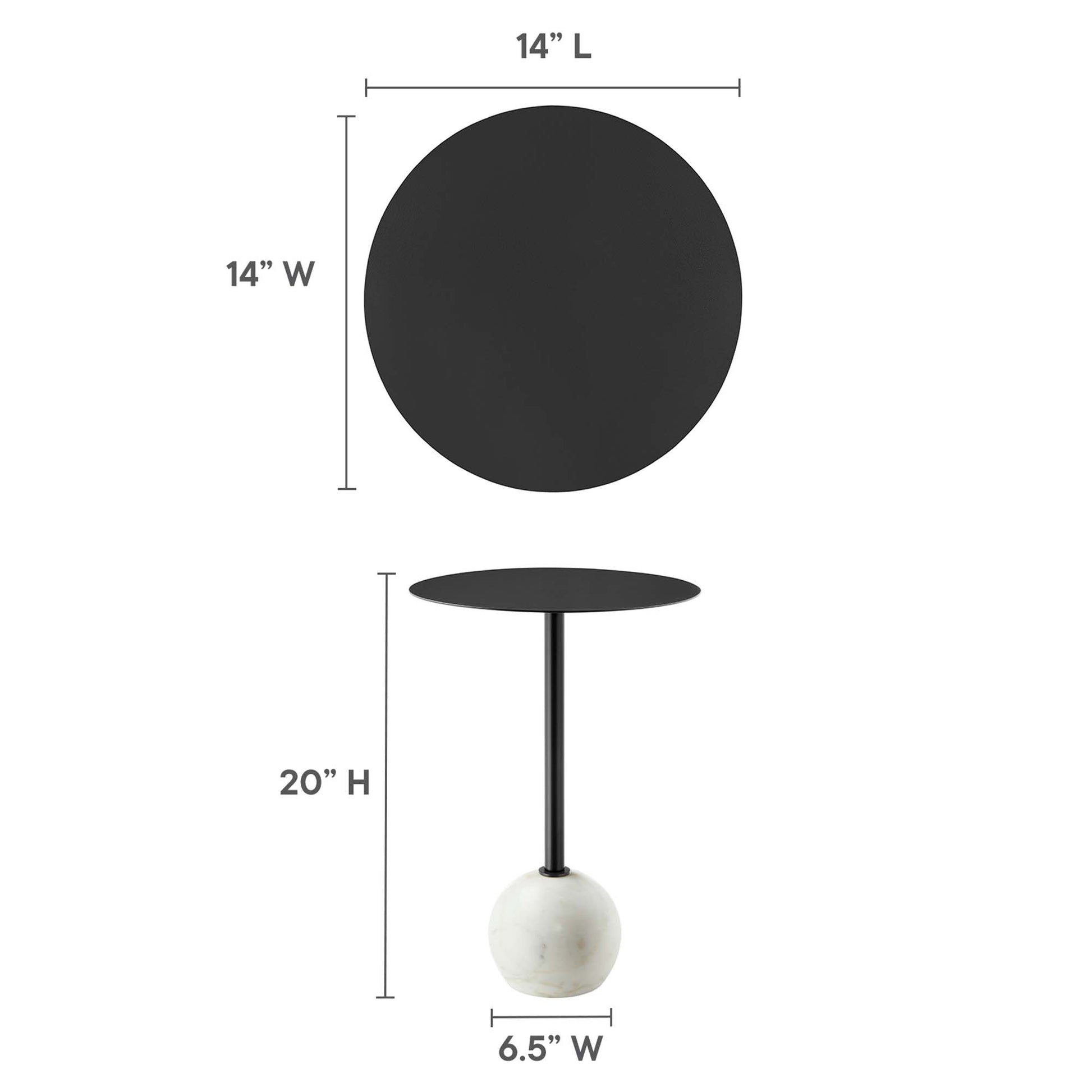 Round white marble top on a slim black metal stem with a black metal base; modern round side table, 20" H, 14" dia.