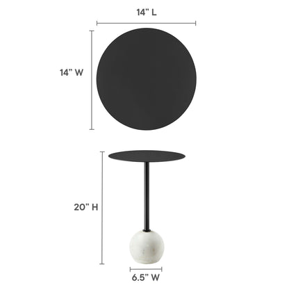 Round white marble top on a slim black metal stem with a black metal base; modern round side table, 20" H, 14" dia.