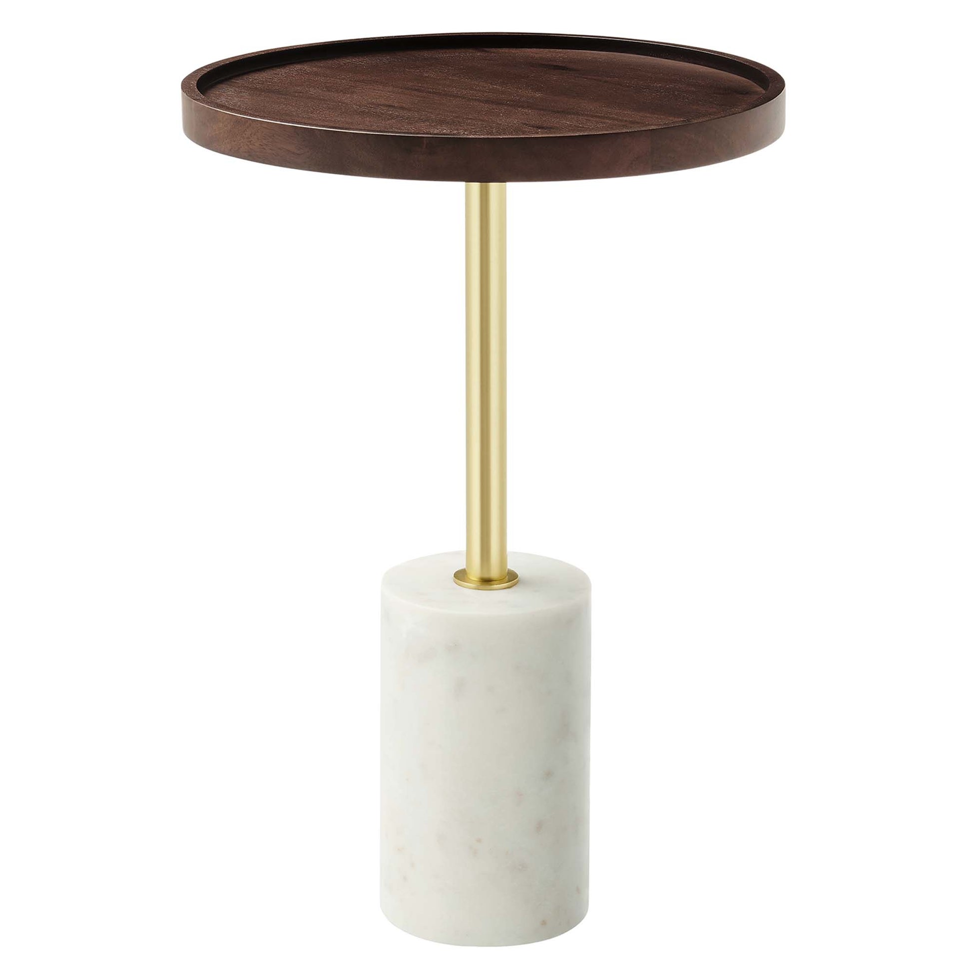 Round acacia wood side table with a pedestal base.