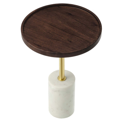 Round acacia wood side table with a brass stem and white marble cylindrical base; modern accent side table.