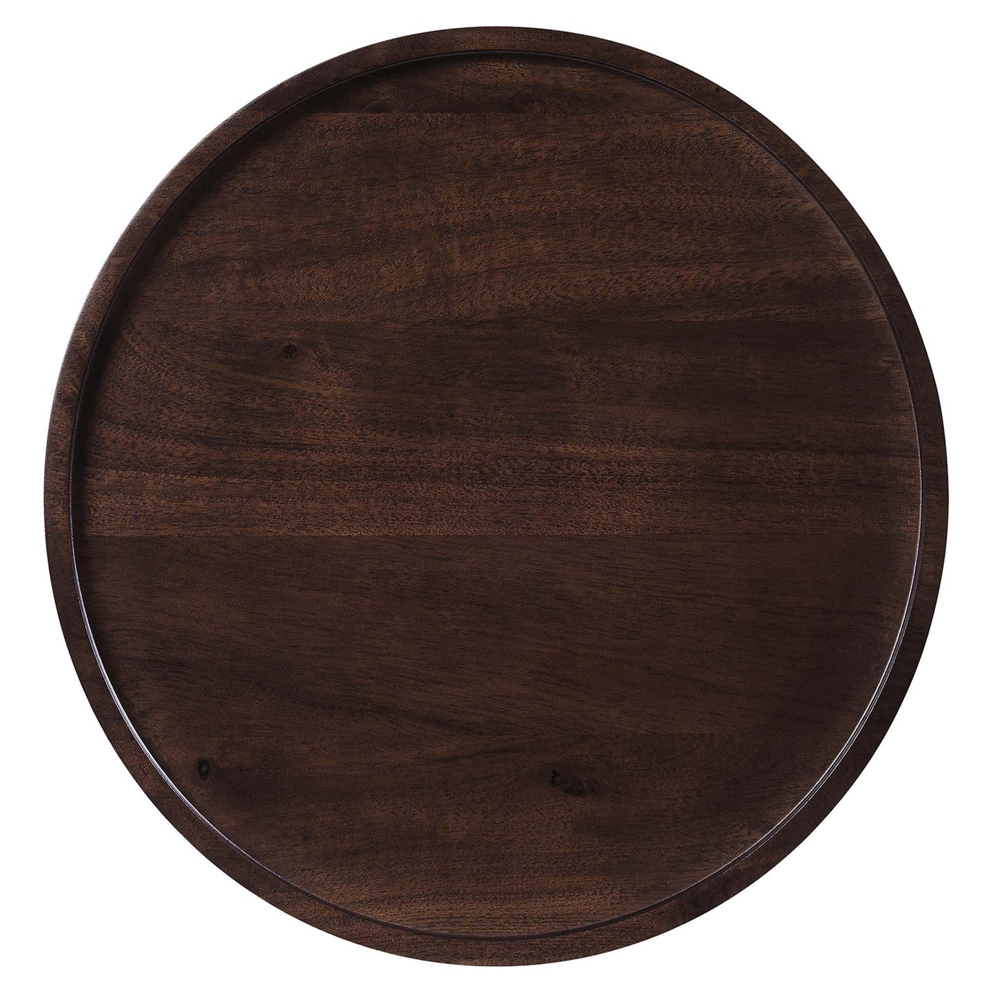 Round acacia wood side table in brown with a subtle lip and rich wood grain