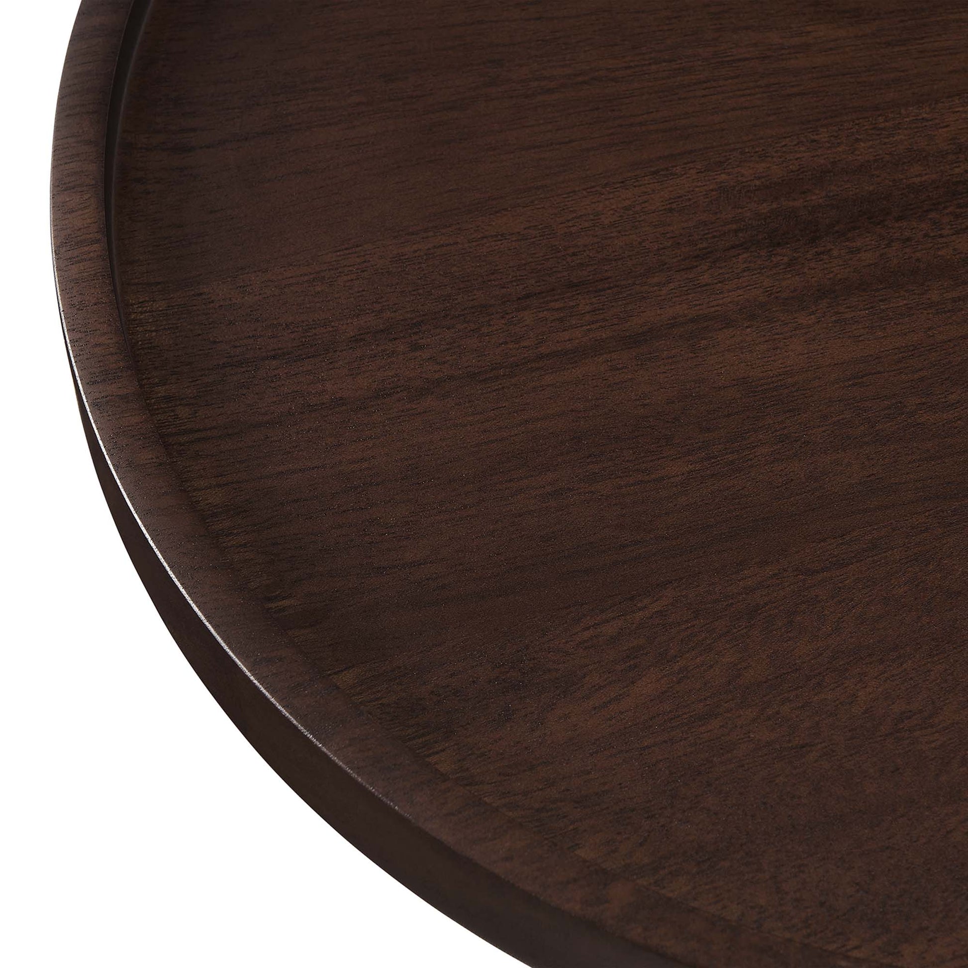 Round acacia wood side table in brown finish.
