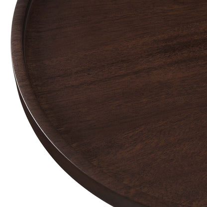 Round acacia wood side table in brown finish.