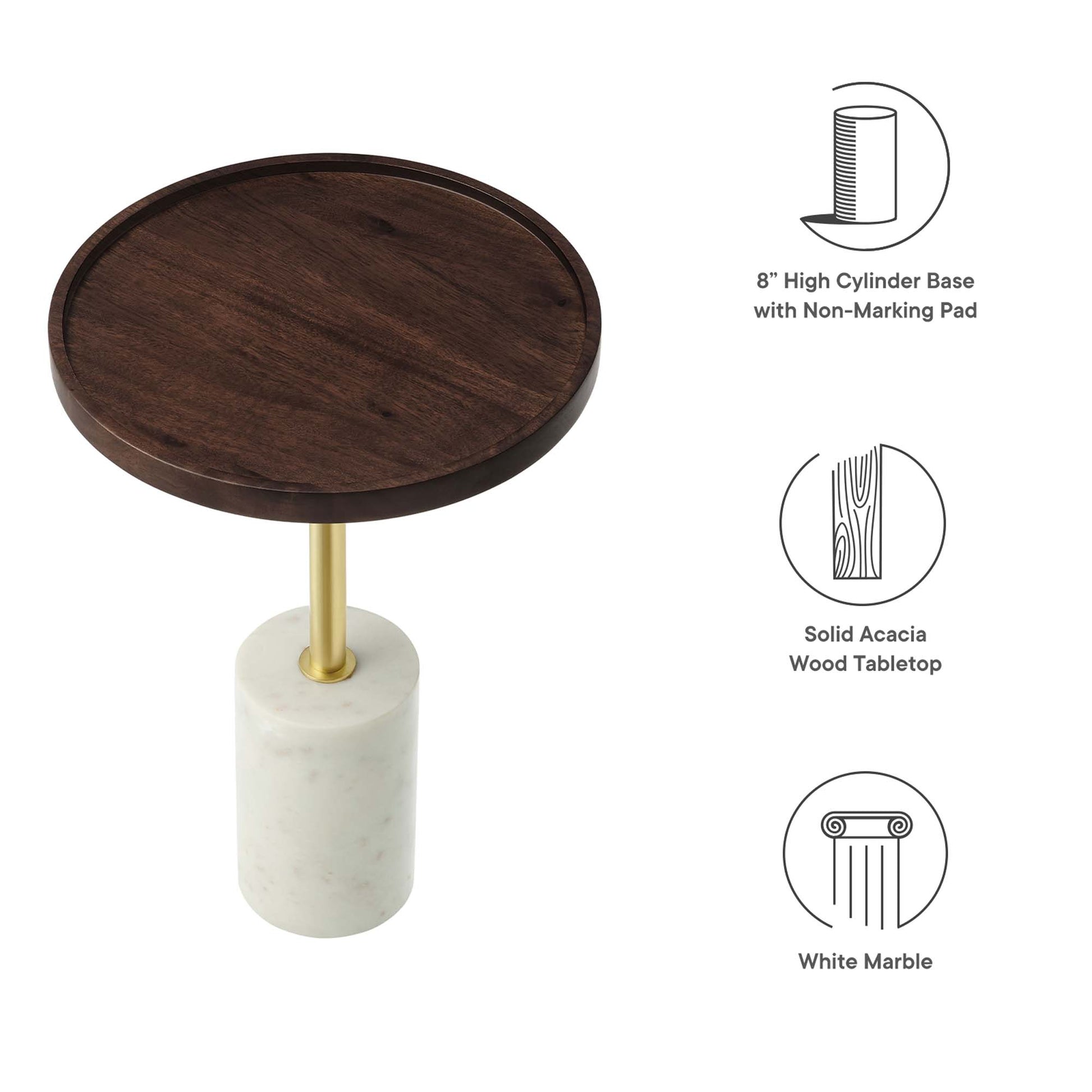 Dark round acacia wood side table with a brass stem and a white marble cylindrical pedestal base.