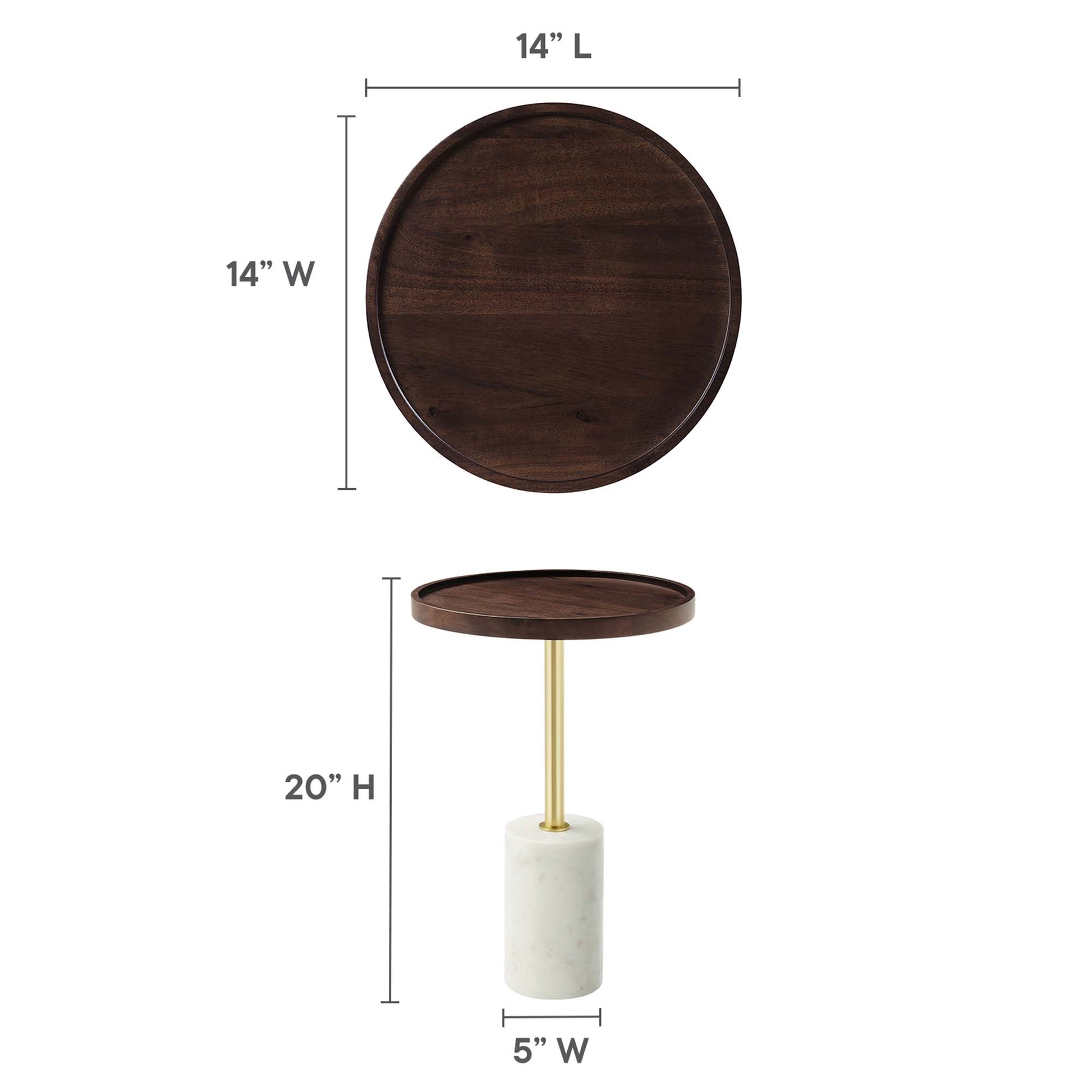 Dark brown round acacia wood side table top (14in dia) with a wooden pedestal base, 20in tall.