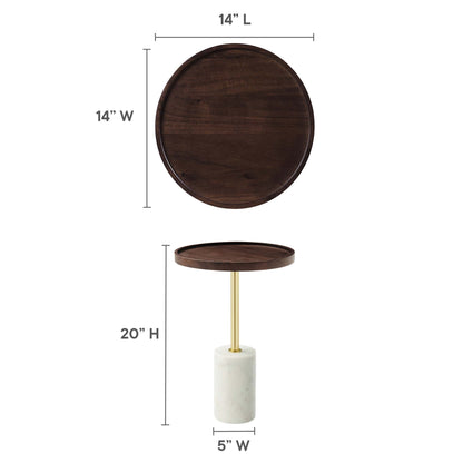 Dark brown round acacia wood side table top (14in dia) with a wooden pedestal base, 20in tall.