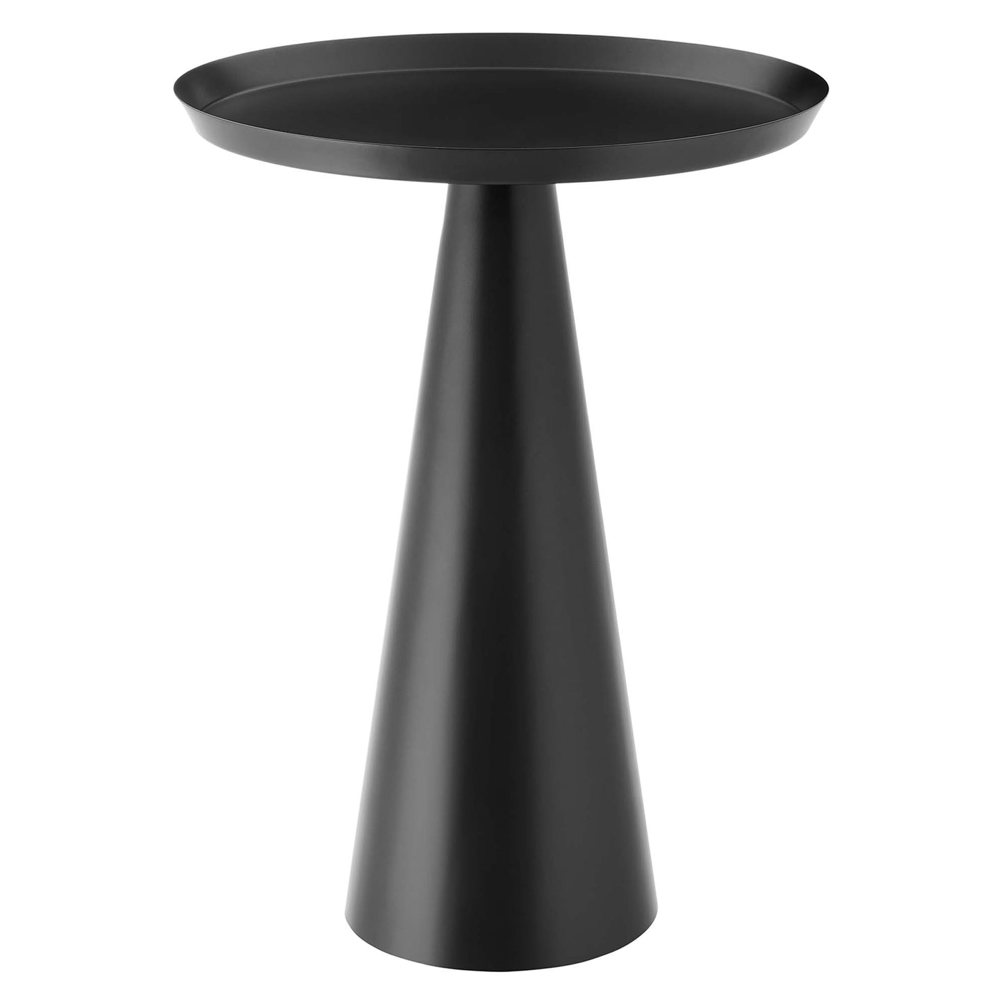 Black metal pedestal side table with round shallow tray top on a tall conical base.
