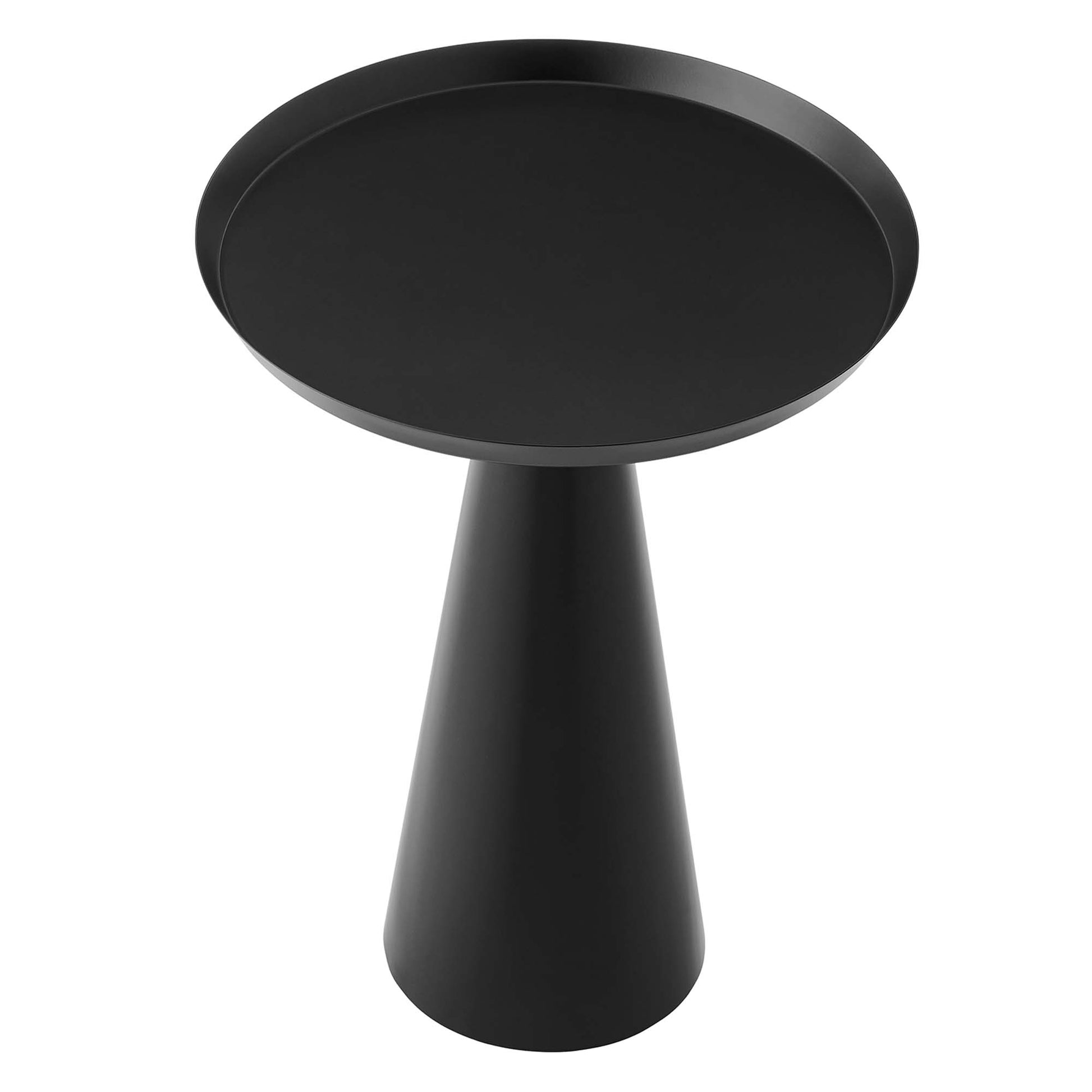 Black matte metal pedestal side table with round top and tapered conical stem.