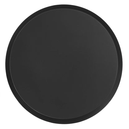 Matte black round side table with slim metal legs; minimalist design.