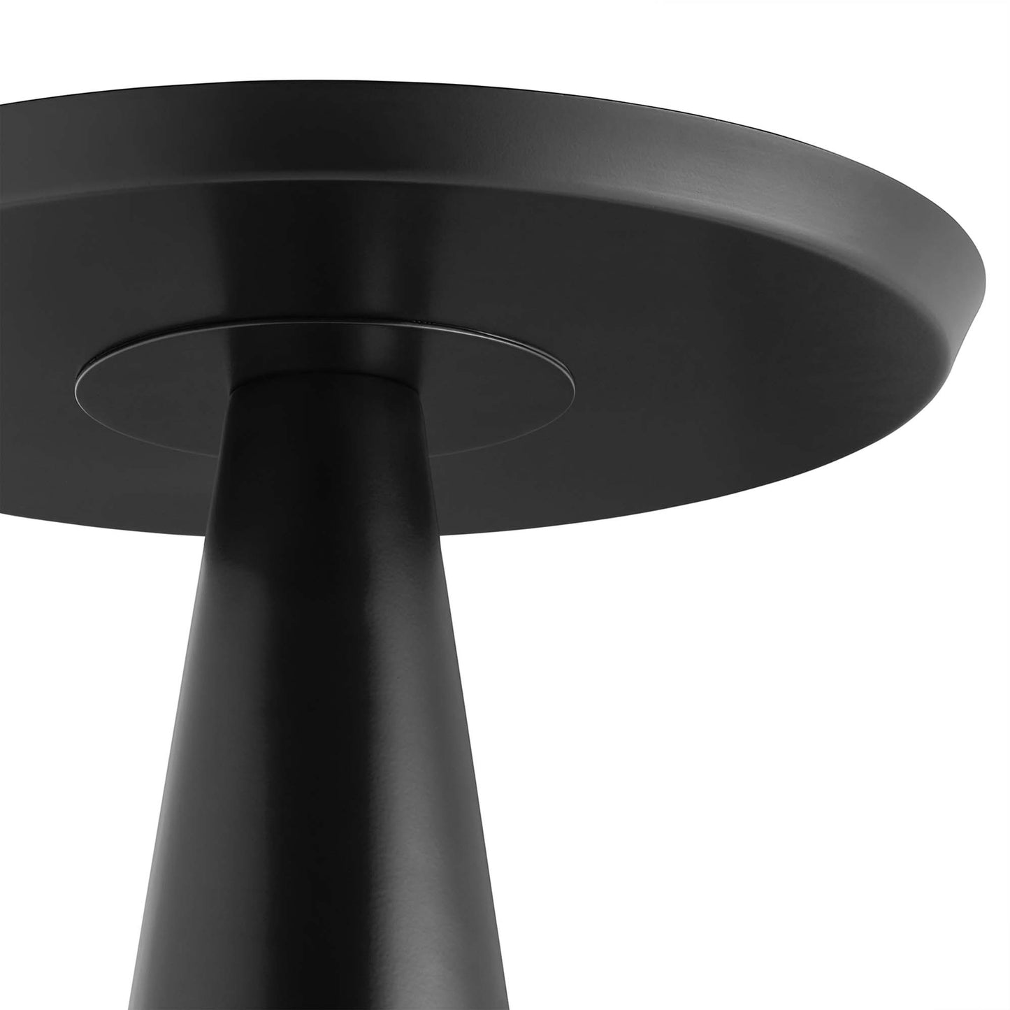Black metal round side table with a wide circular base and a tapered cylindrical pedestal.