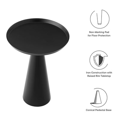 Black round side table with conical pedestal base; modern iron construction, raised rim, non-marking pad.