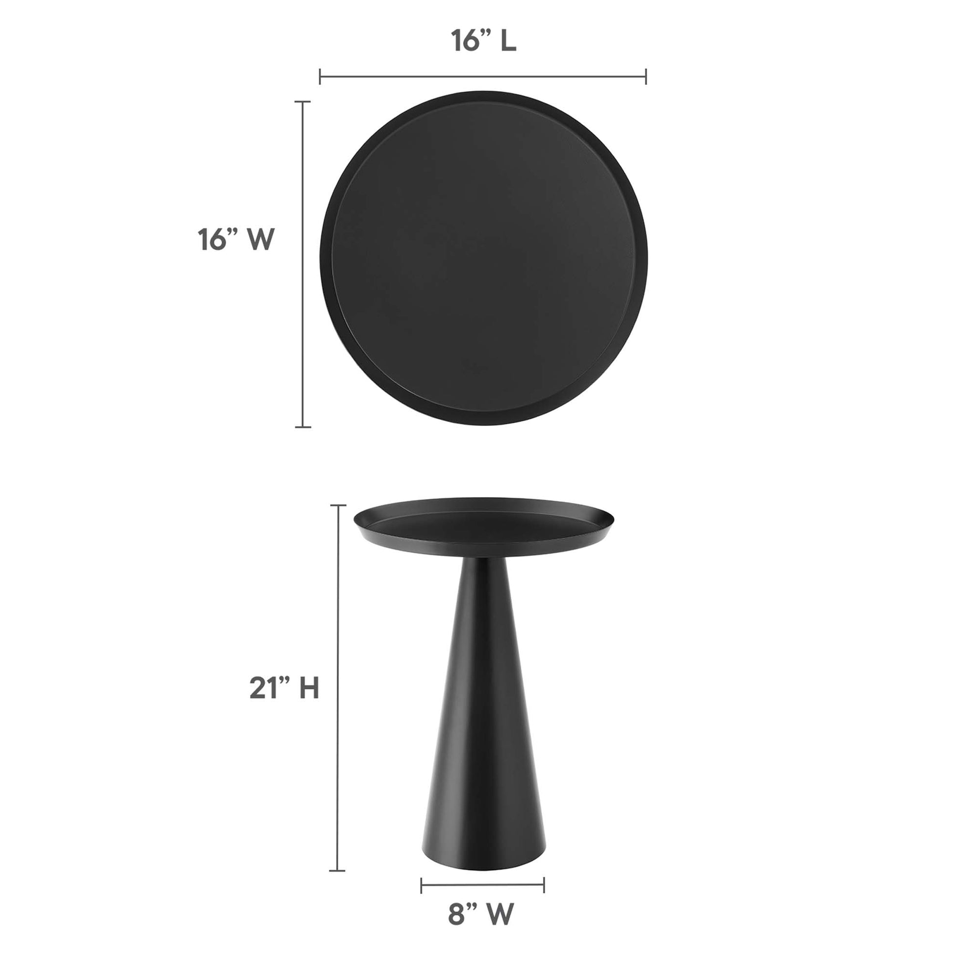 Black metal round side table with conical pedestal; 16 inch diameter top, 8 inch base, 21 inch tall.