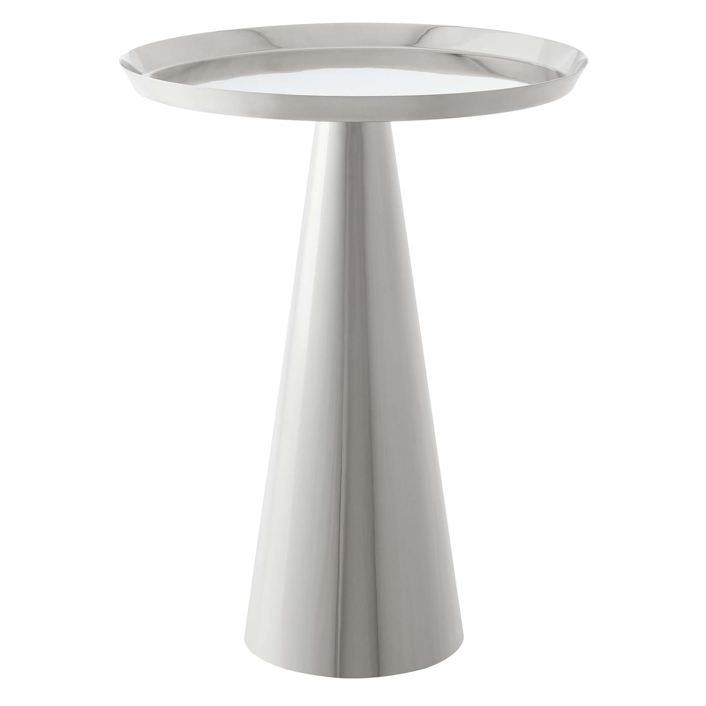 Modern gray metal round side table with a circular ring top and a tapered conical base.