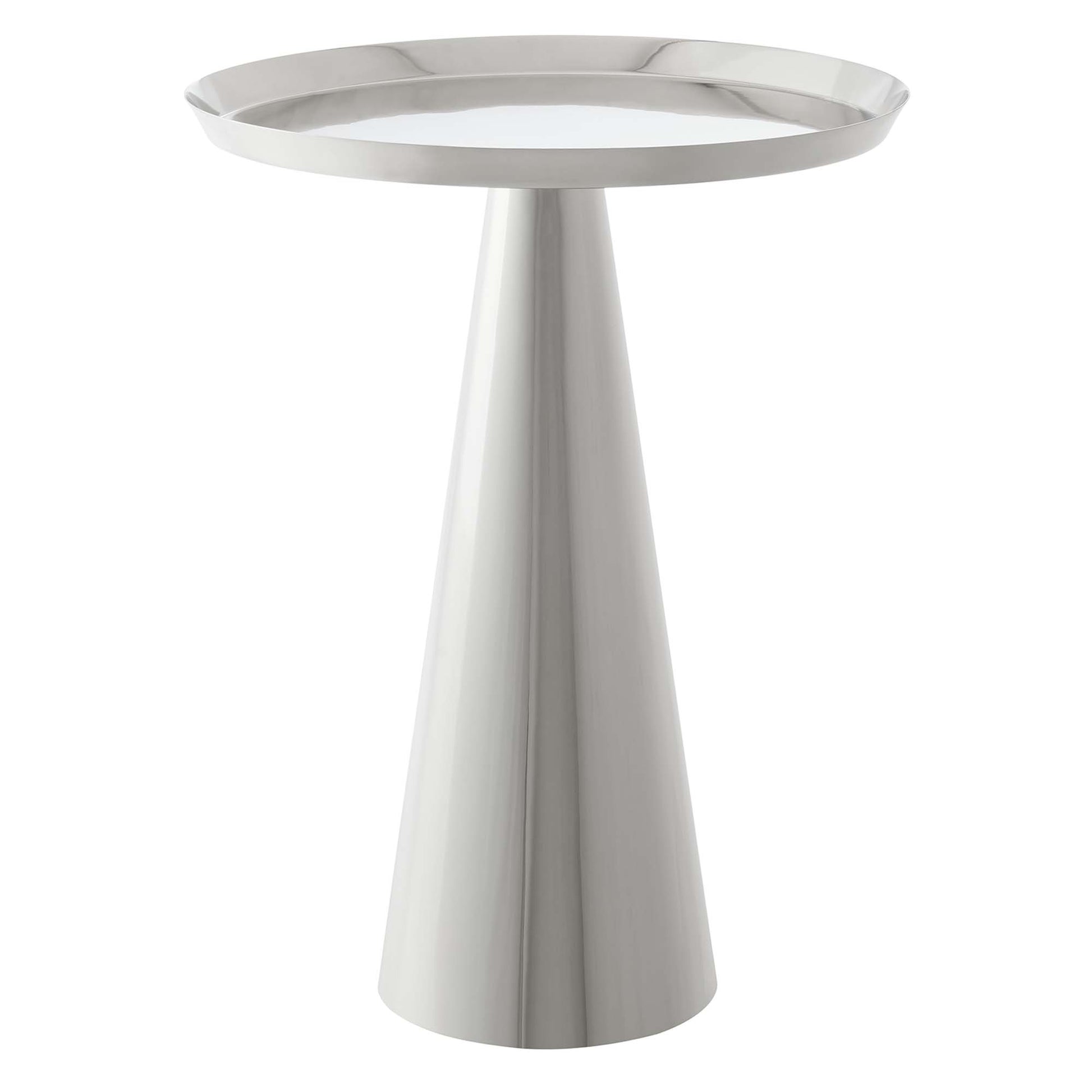 Modern gray metal round side table with a circular ring top and a tapered conical base.
