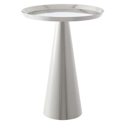 Modern gray metal round side table with a circular ring top and a tapered conical base.