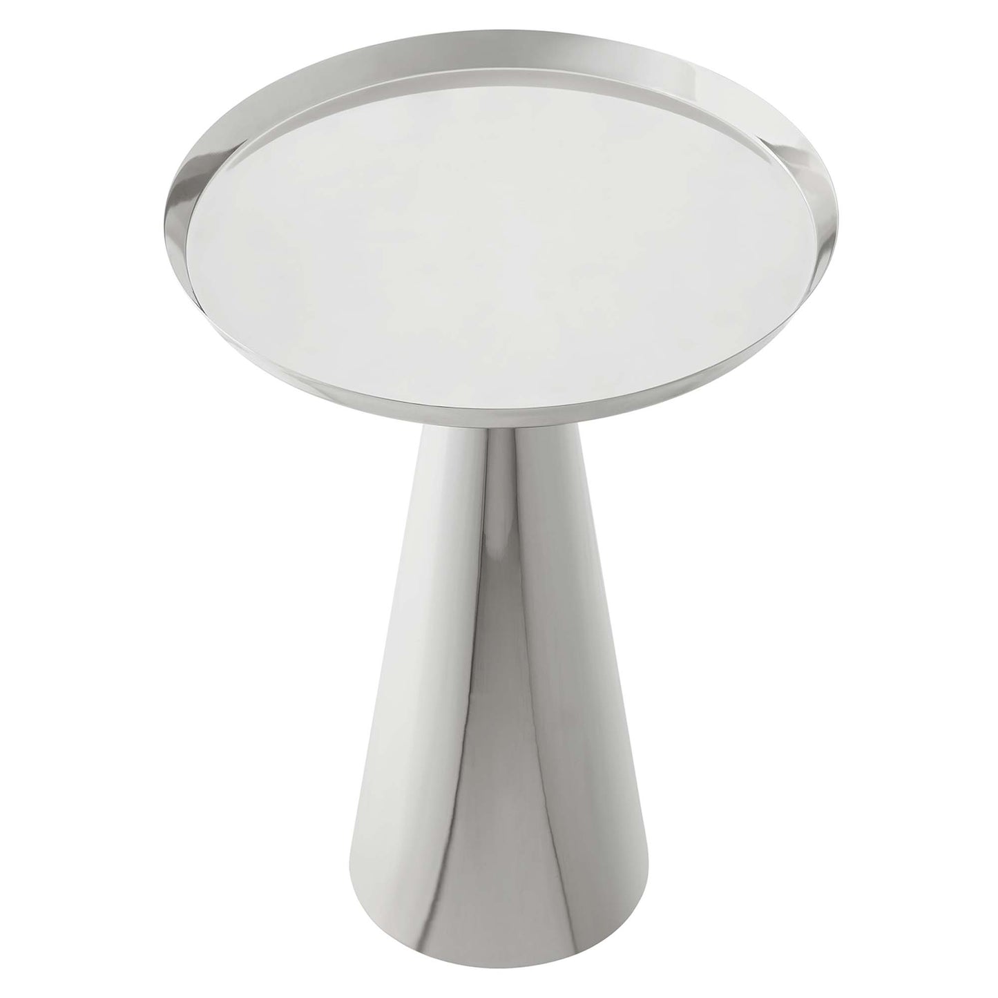 Gray round side table with a wide circular top and a tapered conical pedestal, modern metal design.