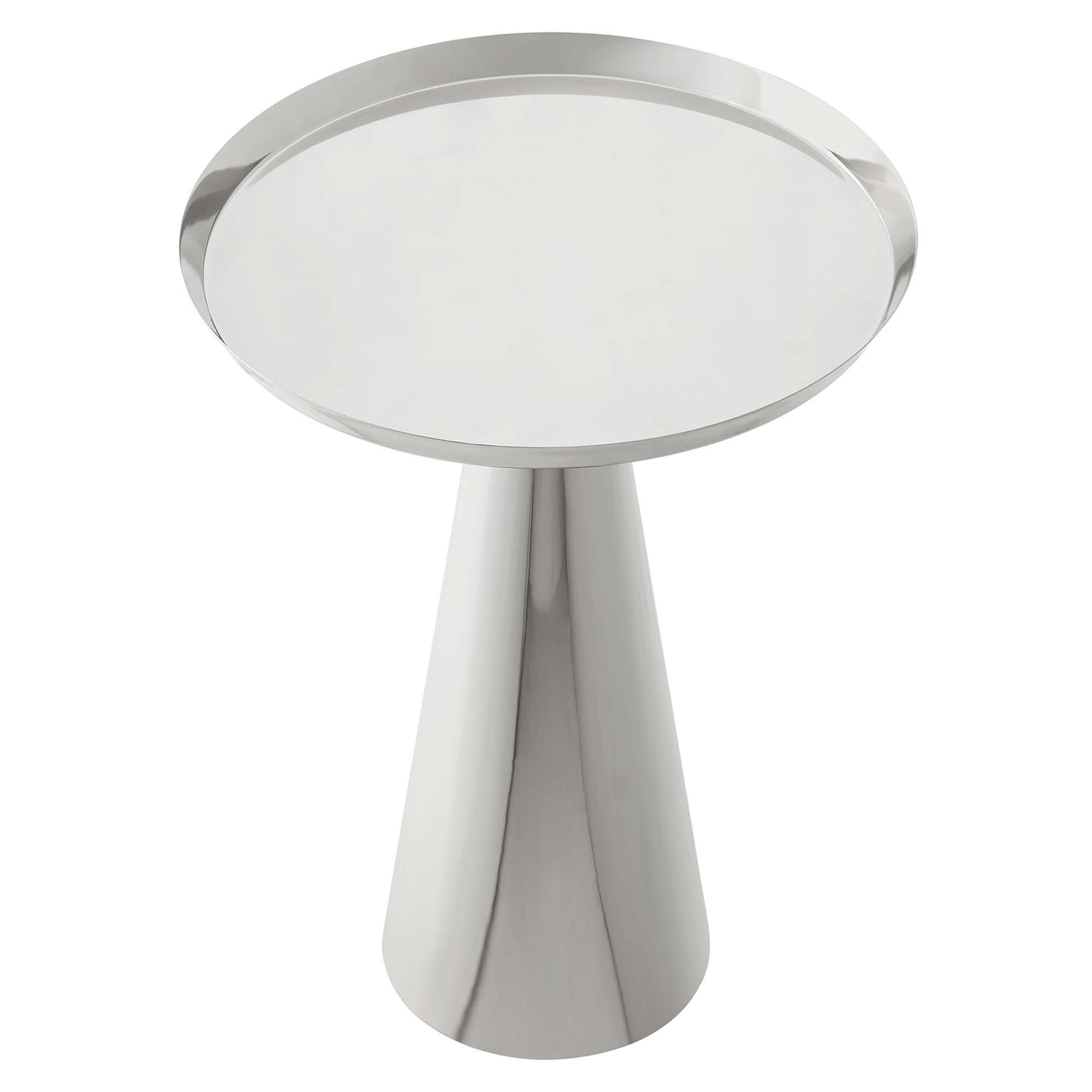Gray round side table with a wide circular top and a tapered conical pedestal, modern metal design.