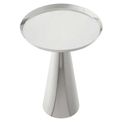 Gray round side table with a wide circular top and a tapered conical pedestal, modern metal design.