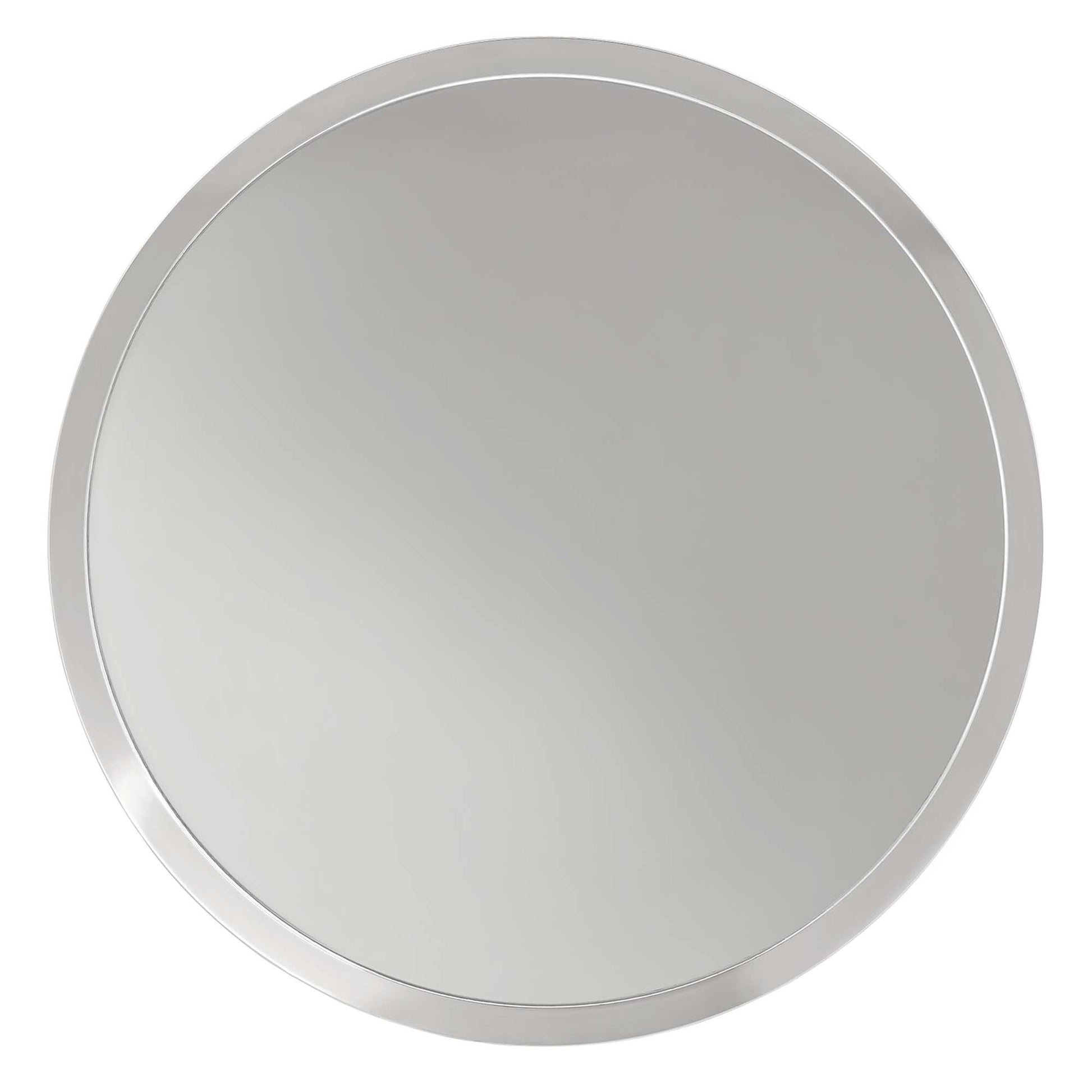 Round gray side table with a slim metal frame.