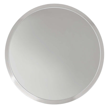 Round gray side table with a slim metal frame.
