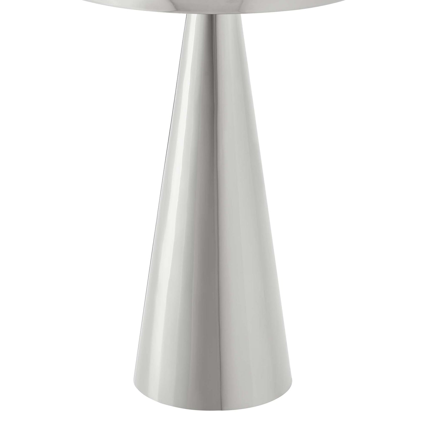 Round side table with a shiny nickel chrome pedestal base, featuring a tapered conical column and a wide circular foot.