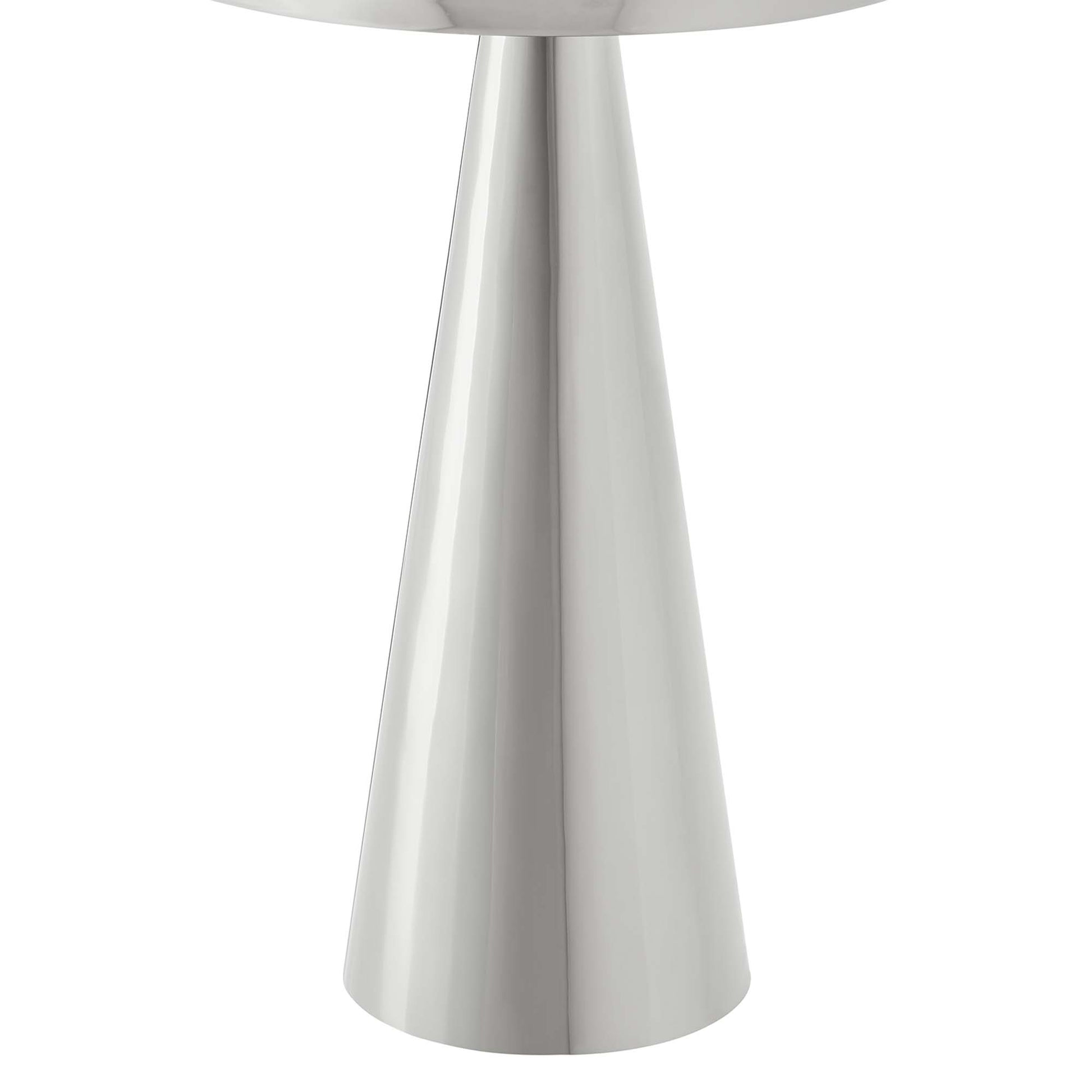 Round side table with a shiny nickel chrome pedestal base, featuring a tapered conical column and a wide circular foot.