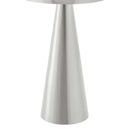 Round side table with a shiny nickel chrome pedestal base, featuring a tapered conical column and a wide circular foot.
