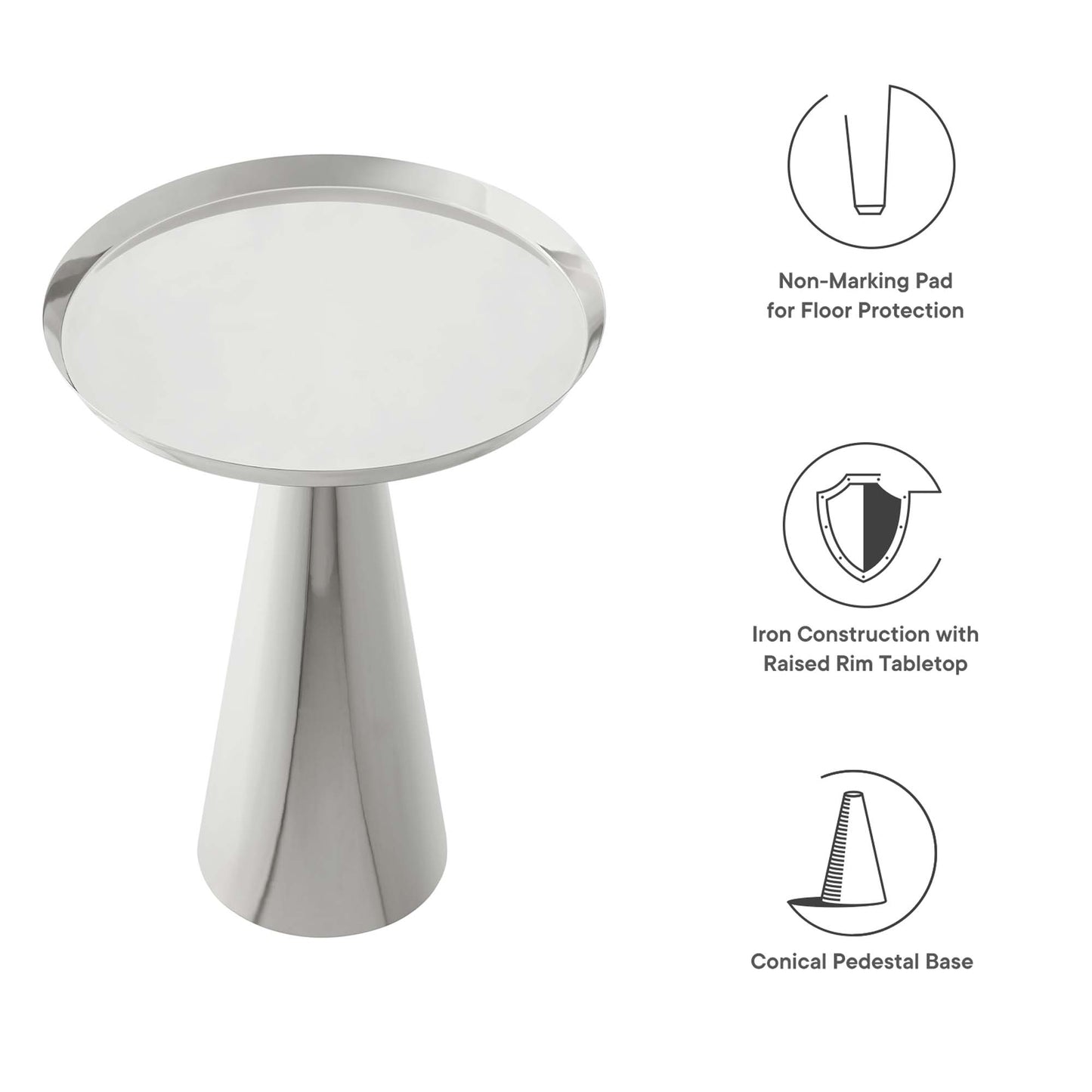Gray round side table with raised rim atop a conical iron pedestal.
