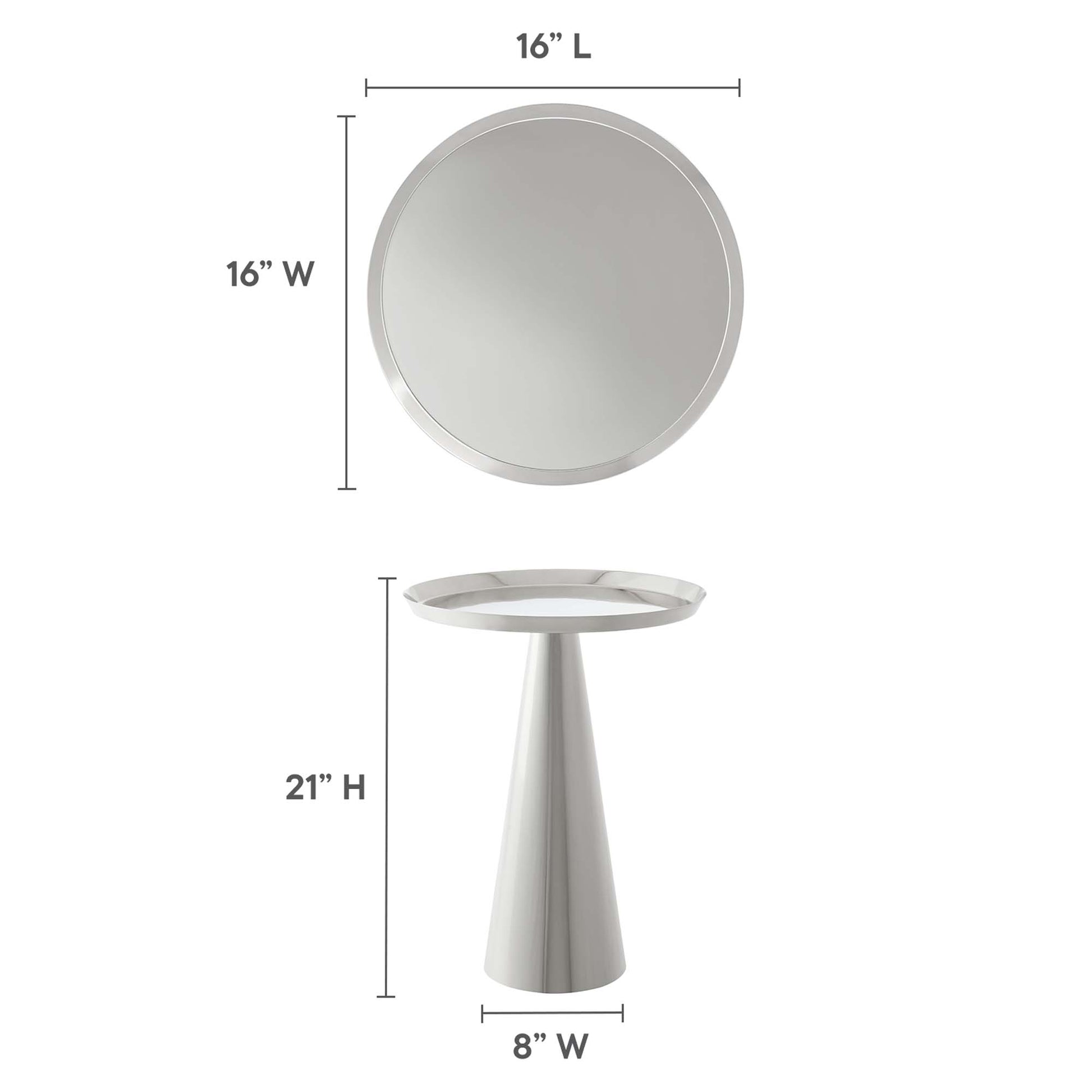 Round gray Maren side table with a conical pedestal and circular top; 21" tall, 8" wide.