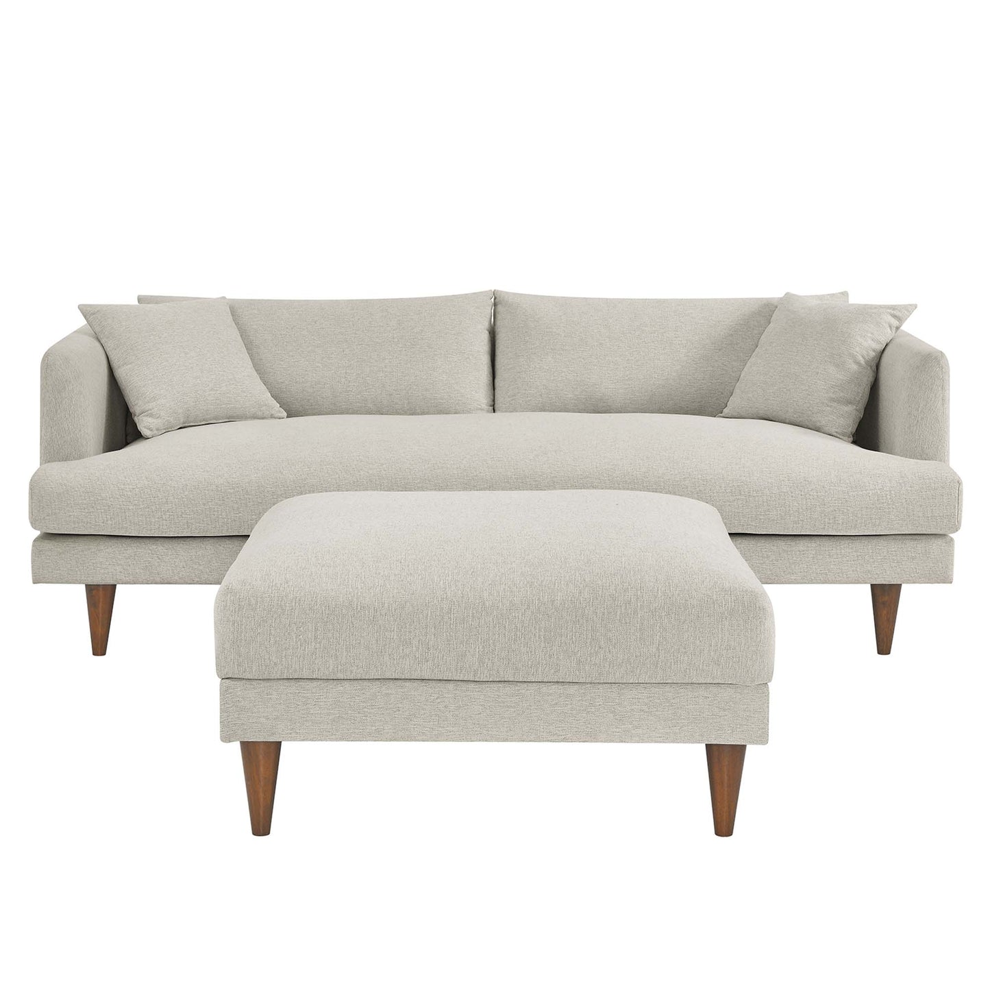White textured fabric sofa & matching ottoman with tapered wooden legs in a mid-century modern style.