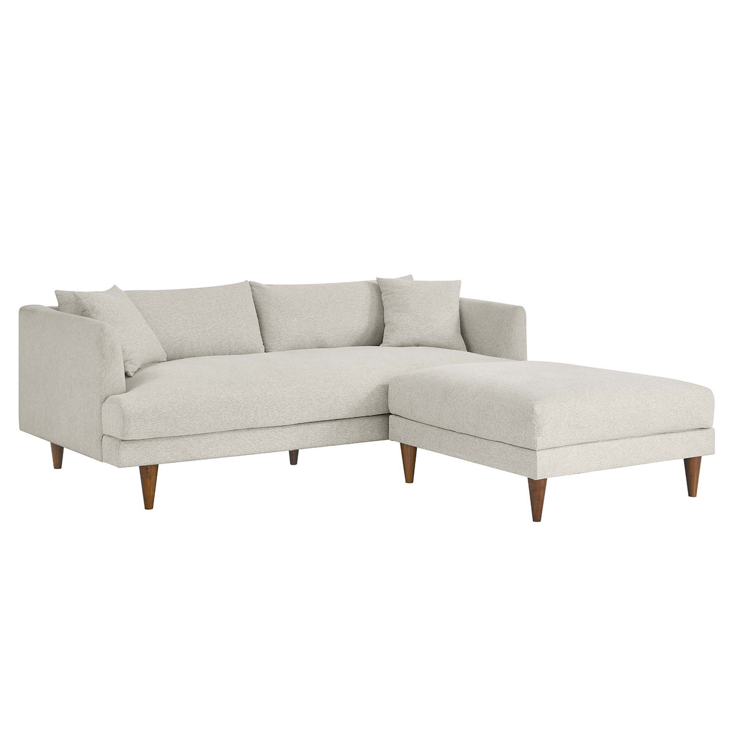 White fabric sectional sofa with chaise, mid-century wooden tapered legs, multiple cushions