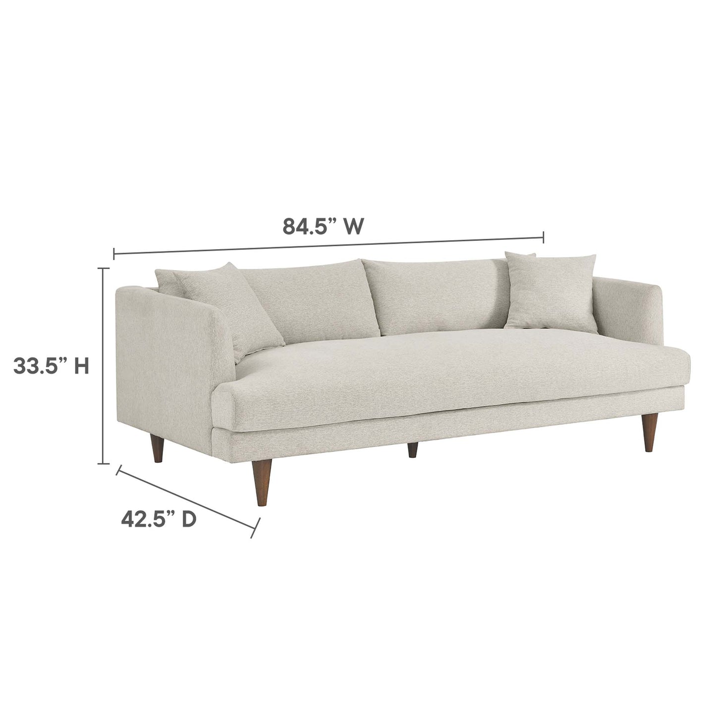 Beige fabric sofa and ottoman set in mid-century style with tapered wood legs, 84.5W x 33.5H x 42.5D, three back cushions.