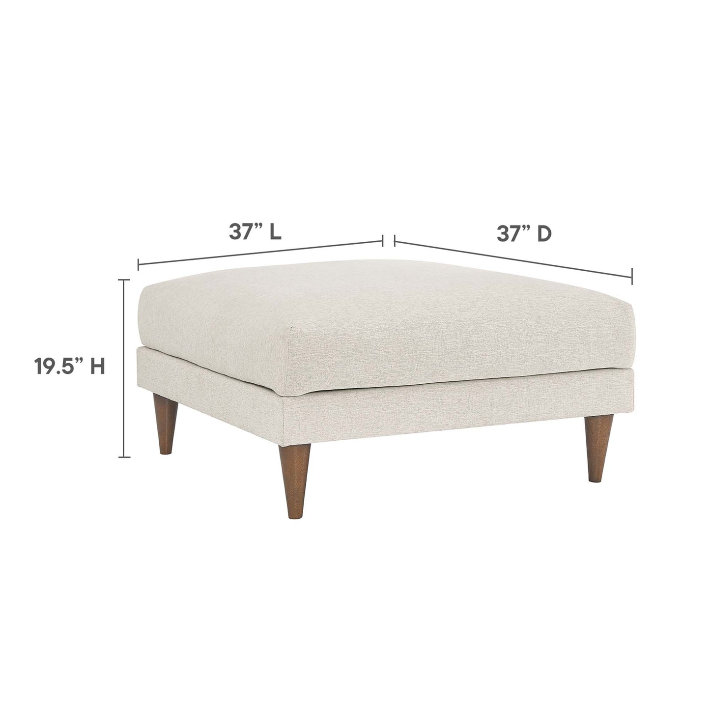 White upholstered rectangular ottoman with tapered wooden legs, 37L x 37D x 19.5H, mid-century style.