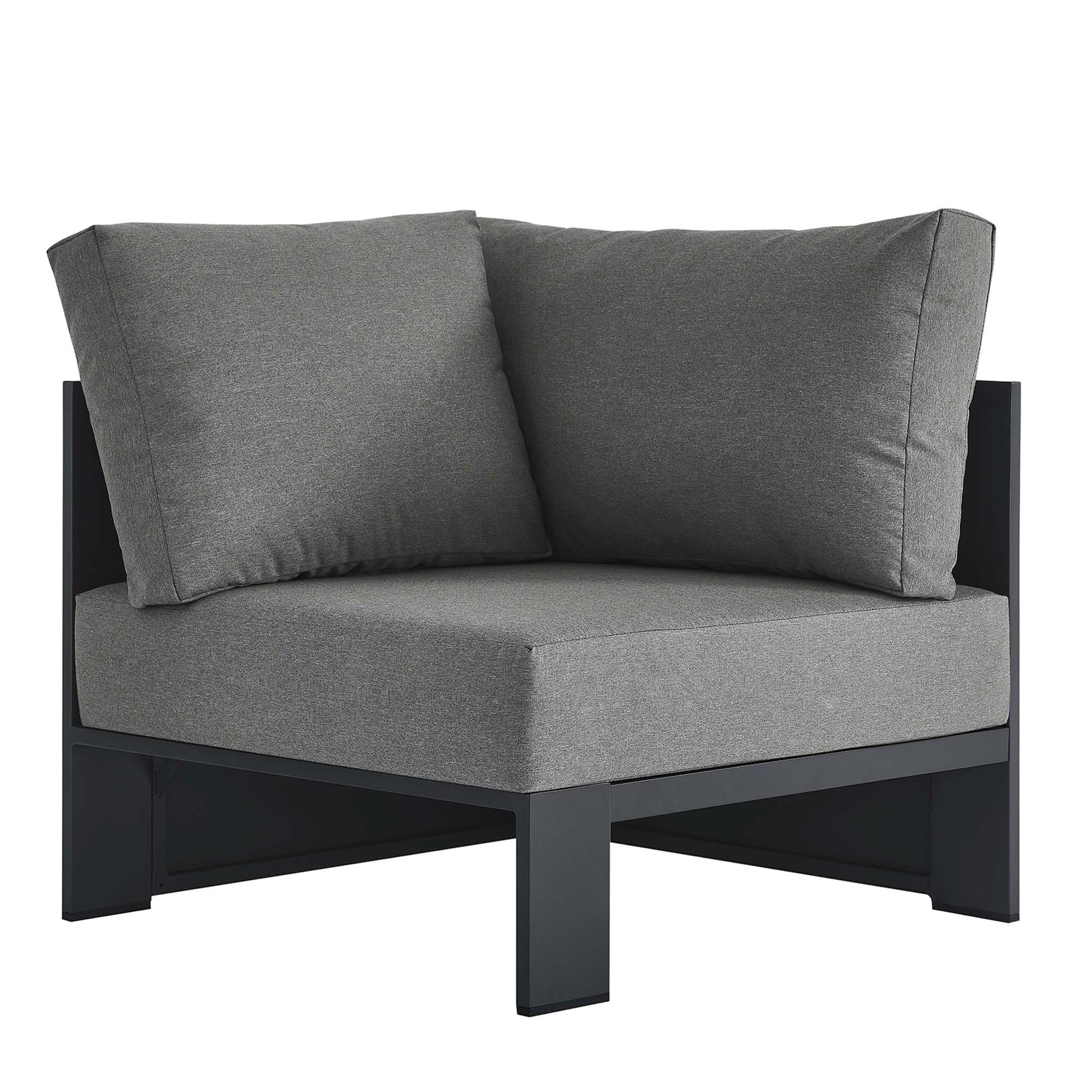 Gray padded outdoor modular corner chair with a dark powder-coated aluminum frame and cushions.