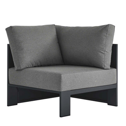 Gray padded outdoor modular corner chair with a dark powder-coated aluminum frame and cushions.