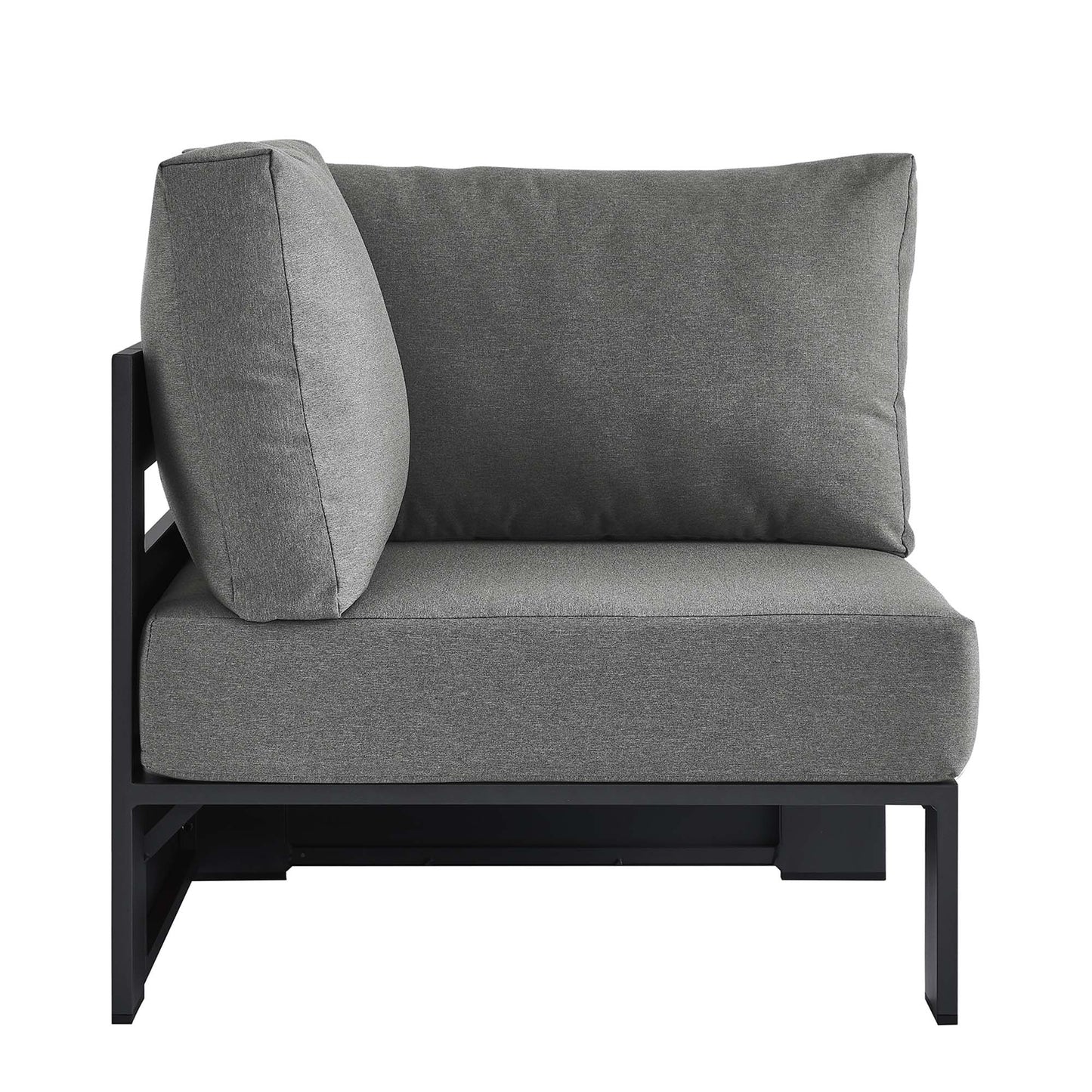 Outdoor modular corner chair with gray cushions and a powder-coated aluminum frame for the patio.