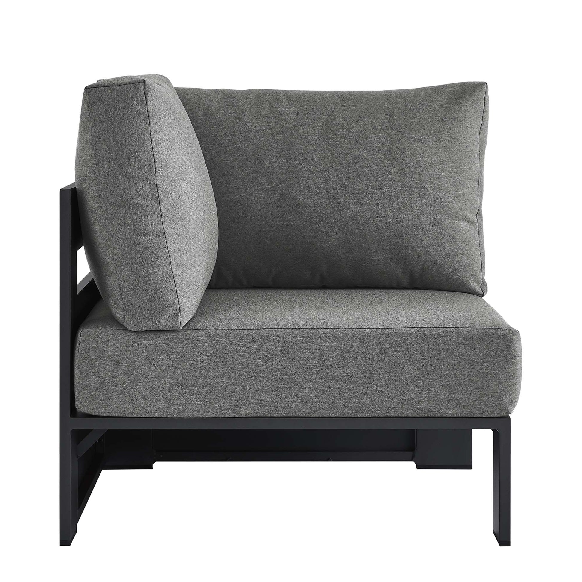 Outdoor modular corner chair with gray cushions and a powder-coated aluminum frame for the patio.