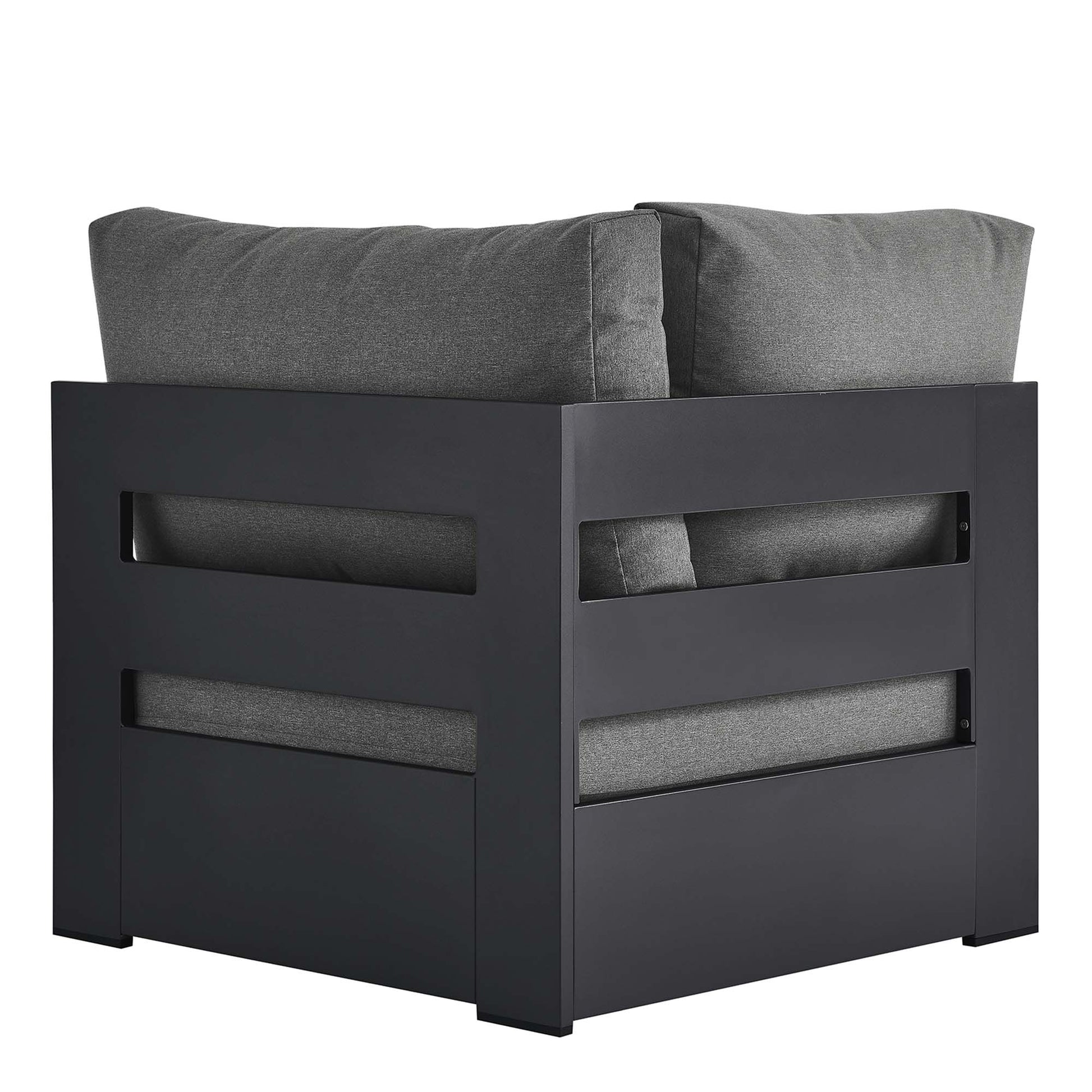 Dark charcoal outdoor modular corner chair with a powder-coated aluminum frame and gray cushions.