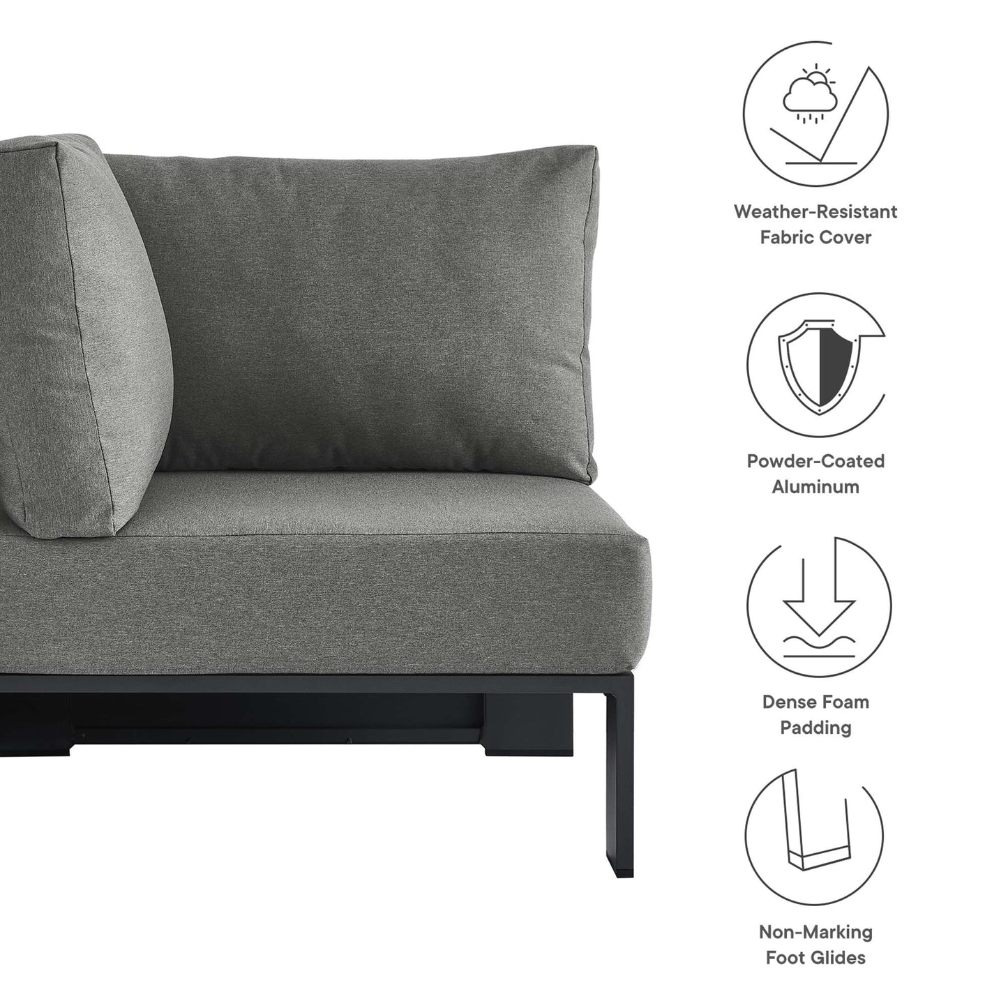 Gray outdoor modular corner chair with dense foam cushions and powder-coated aluminum legs; weather-resistant fabric cover.