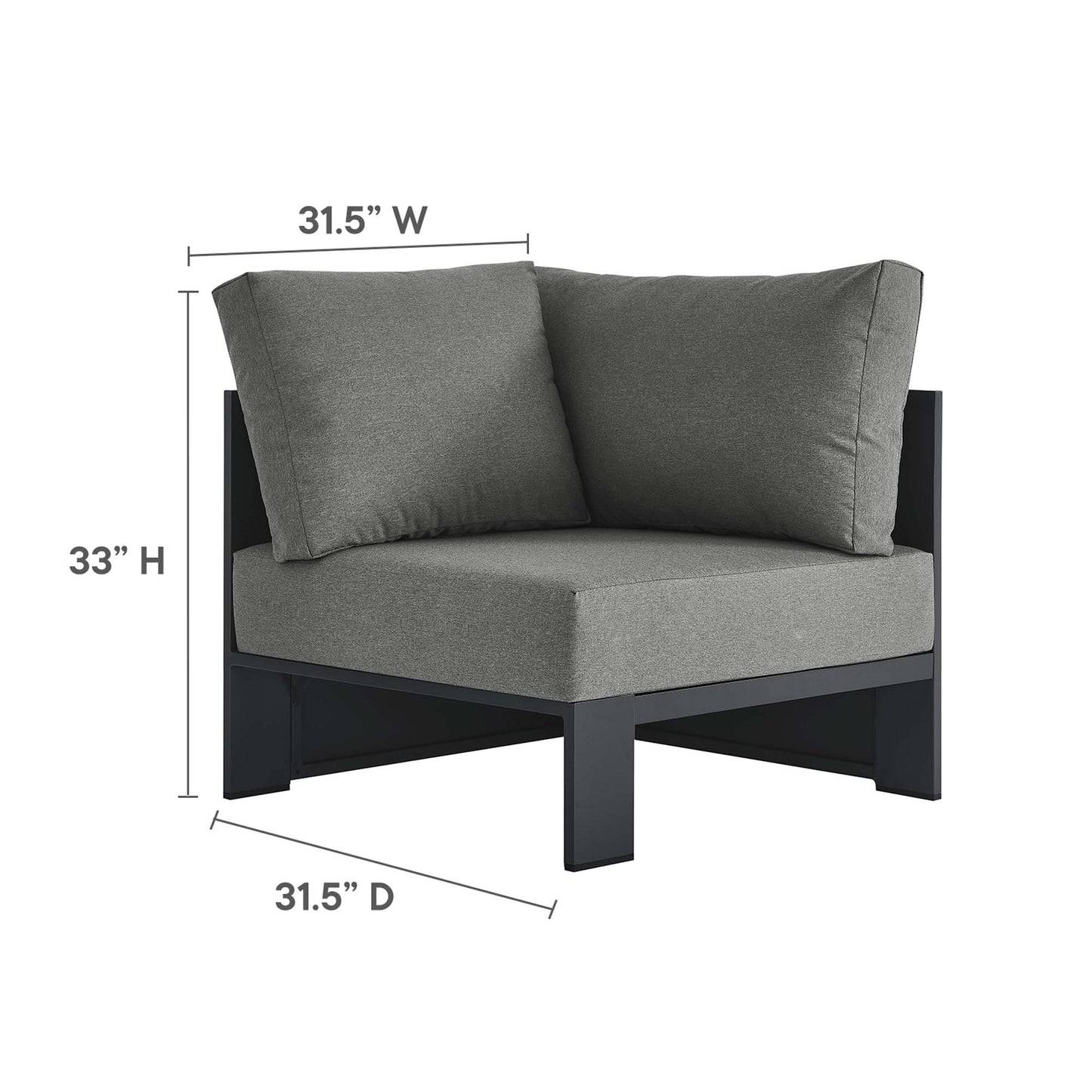 Gray outdoor modular corner chair with thick gray cushions on a dark metal frame; modern patio seating, 31.5W x 31.5D x 33H.