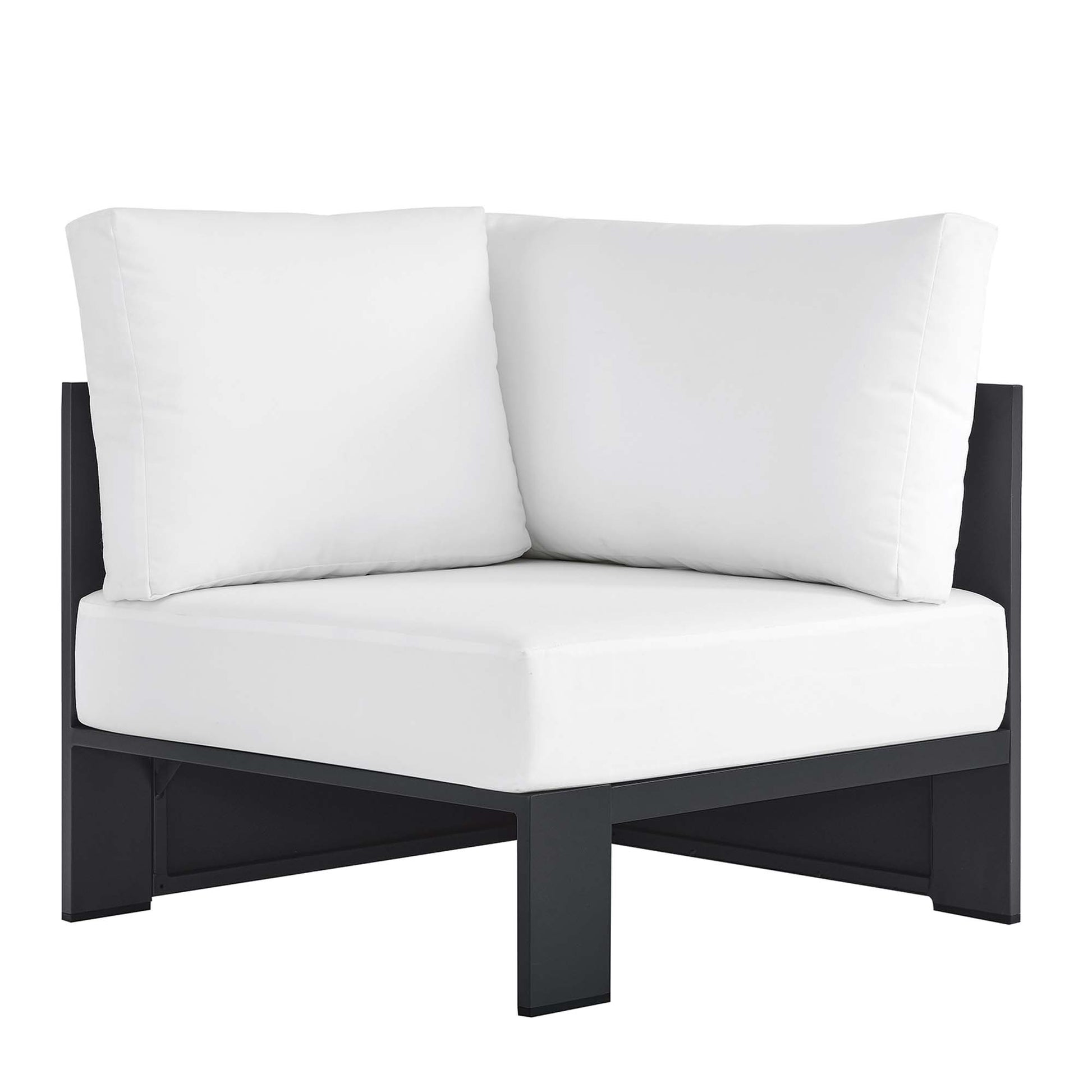 Modern outdoor corner chair with a dark gray frame and thick white cushions; square, contemporary patio seating.