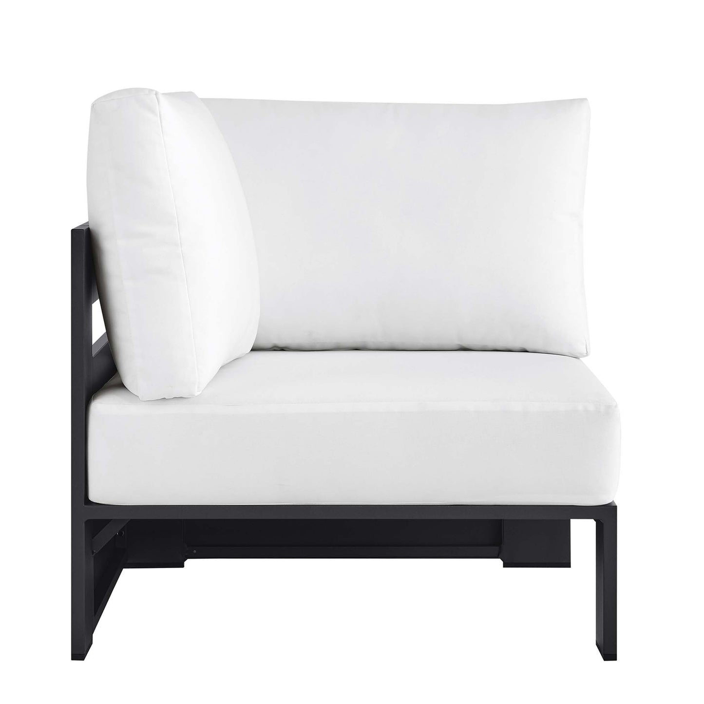 Outdoor modular corner chair with white cushions & a powder-coated aluminum frame.