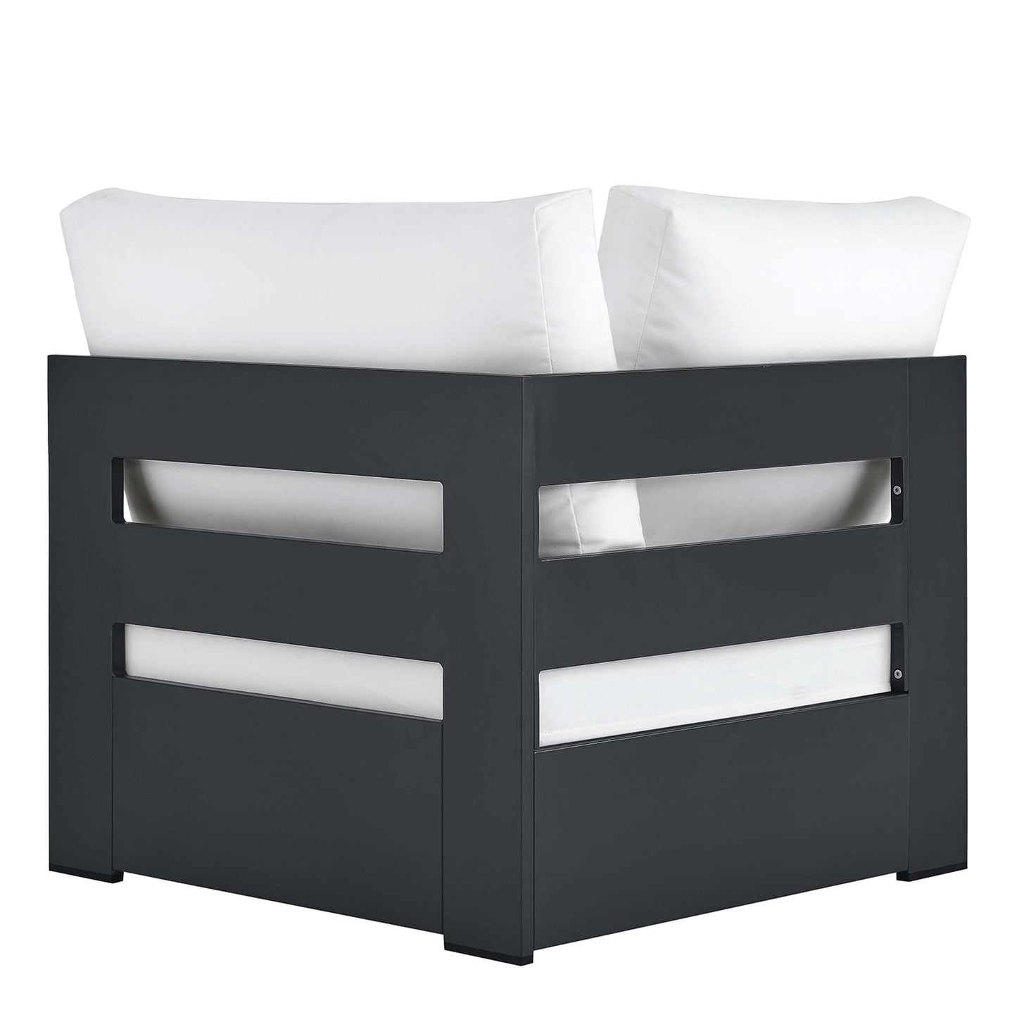 Dark gray outdoor modular corner chair with white cushions and horizontal side cutouts.